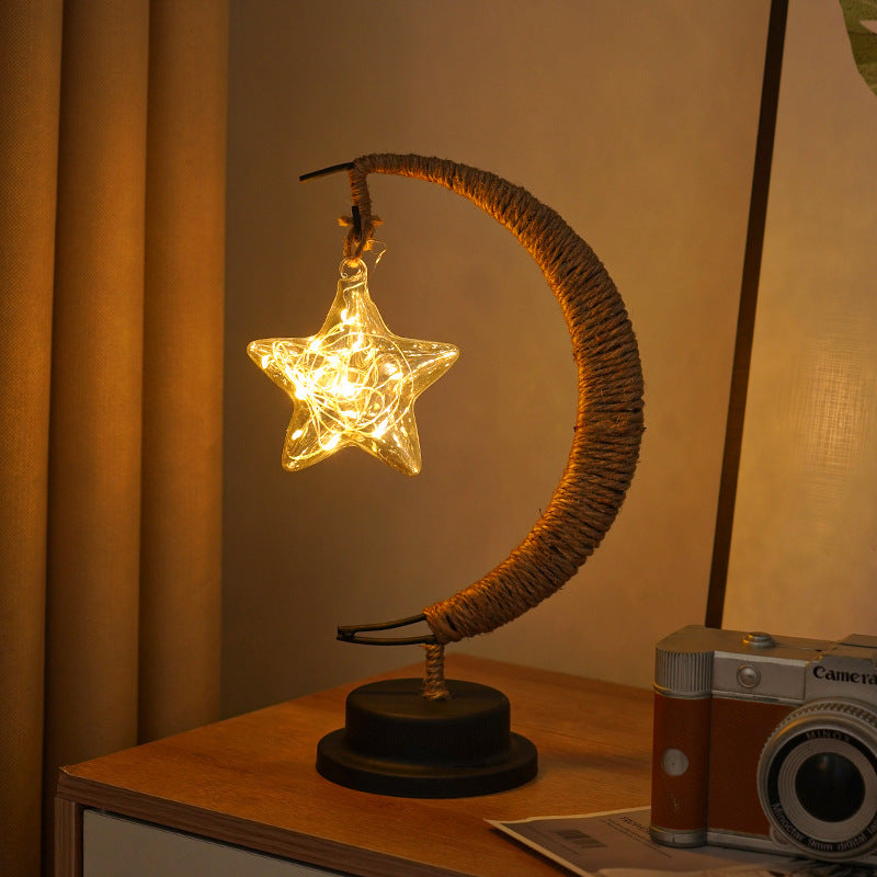 LED Multi-Shape Decorative Lights - Star, Moon, Apple USB Night Lights with Handmade Hemp Rope, Warm Iron Craft, Perfect Birthday & Christmas Gift