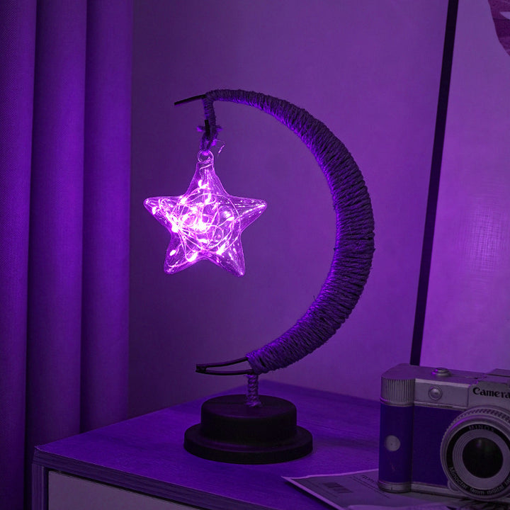 LED Multi-Shape Decorative Lights  Purple Star, Moon, Apple USB Night Lights with Handmade Hemp Rope, Warm Iron Craft, Perfect Birthday & Christmas Gift