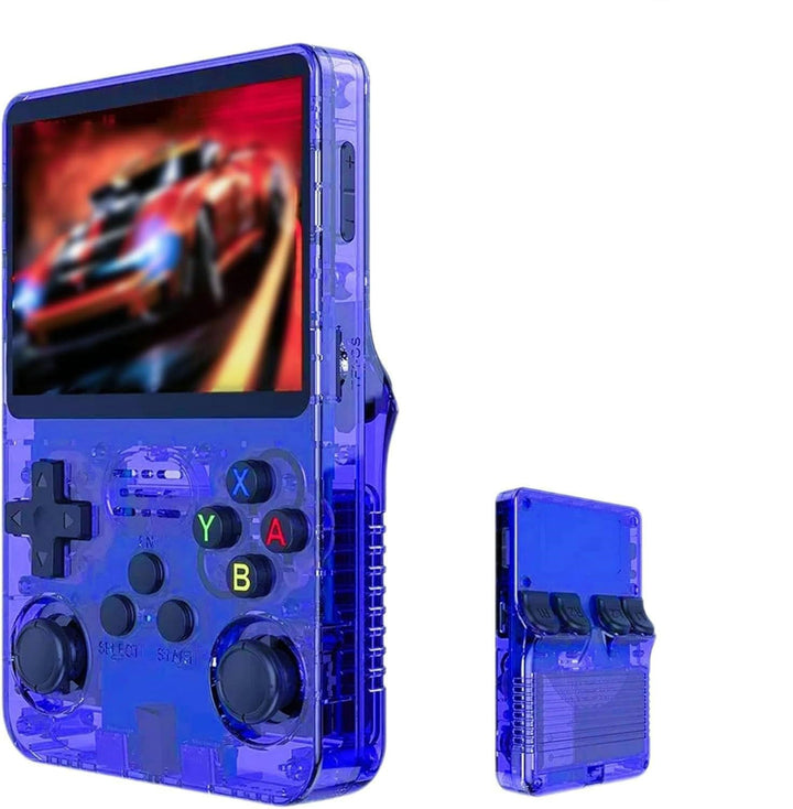 Blue Retro Portable Gaming Console with 64GB, 2 Memory Card-3D Games, HD Display, and Dual Joysticks