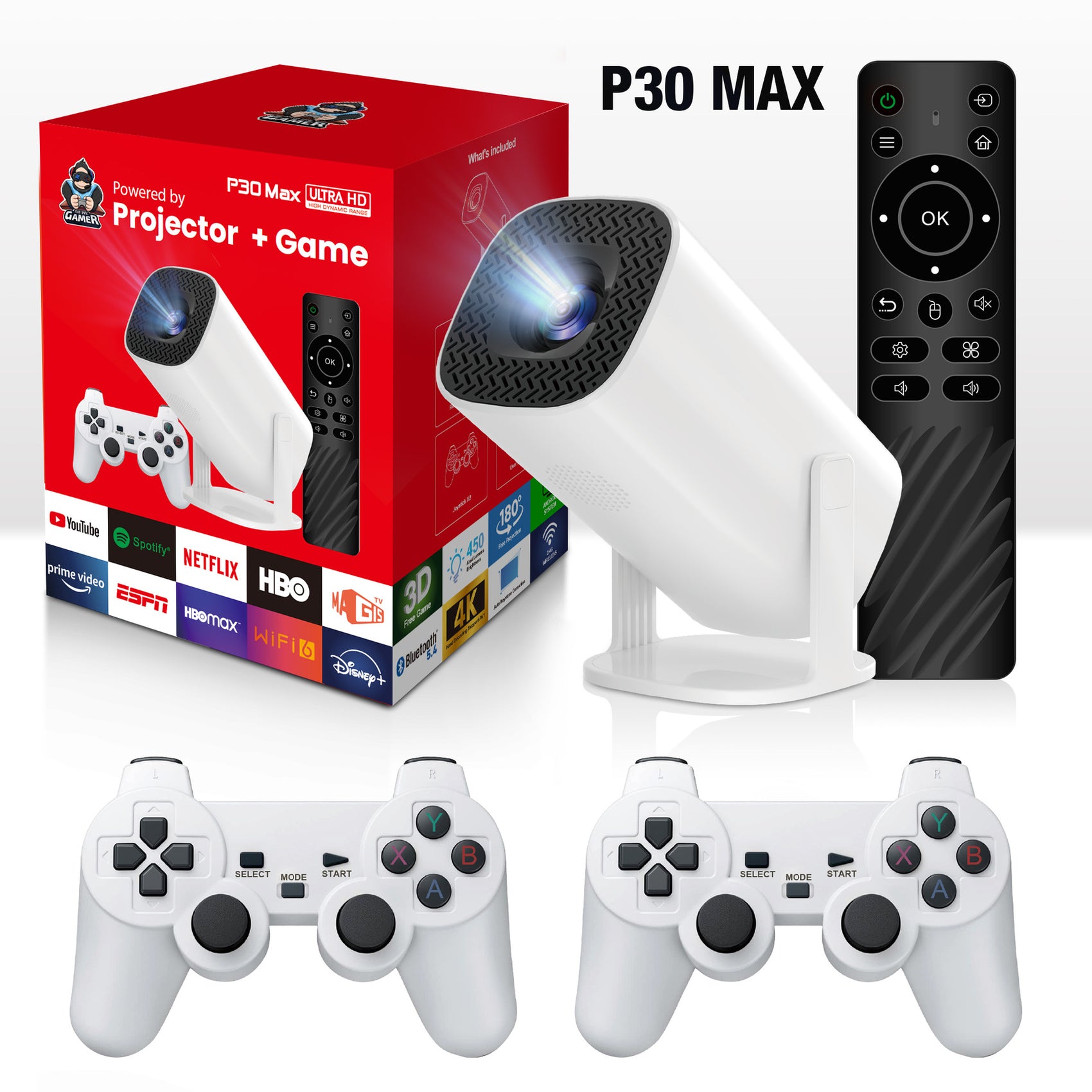 P30 Max 4K Ultra HD Projector with 3D Gaming - Includes 2 Wireless Controllers, Remote Control, and Streaming Support