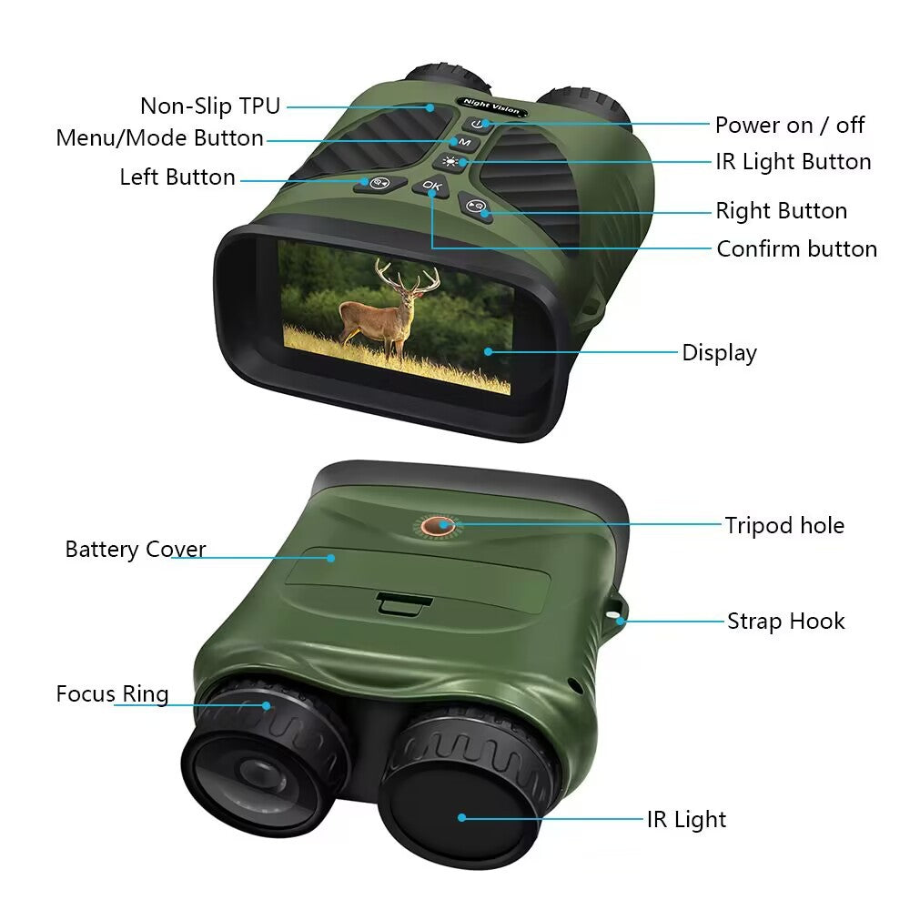 Green Digital Night Vision Binoculars - 3.0'' IPS Screen, 10X Optical Zoom, 2.5K Video Recording, Infrared for 300m Range