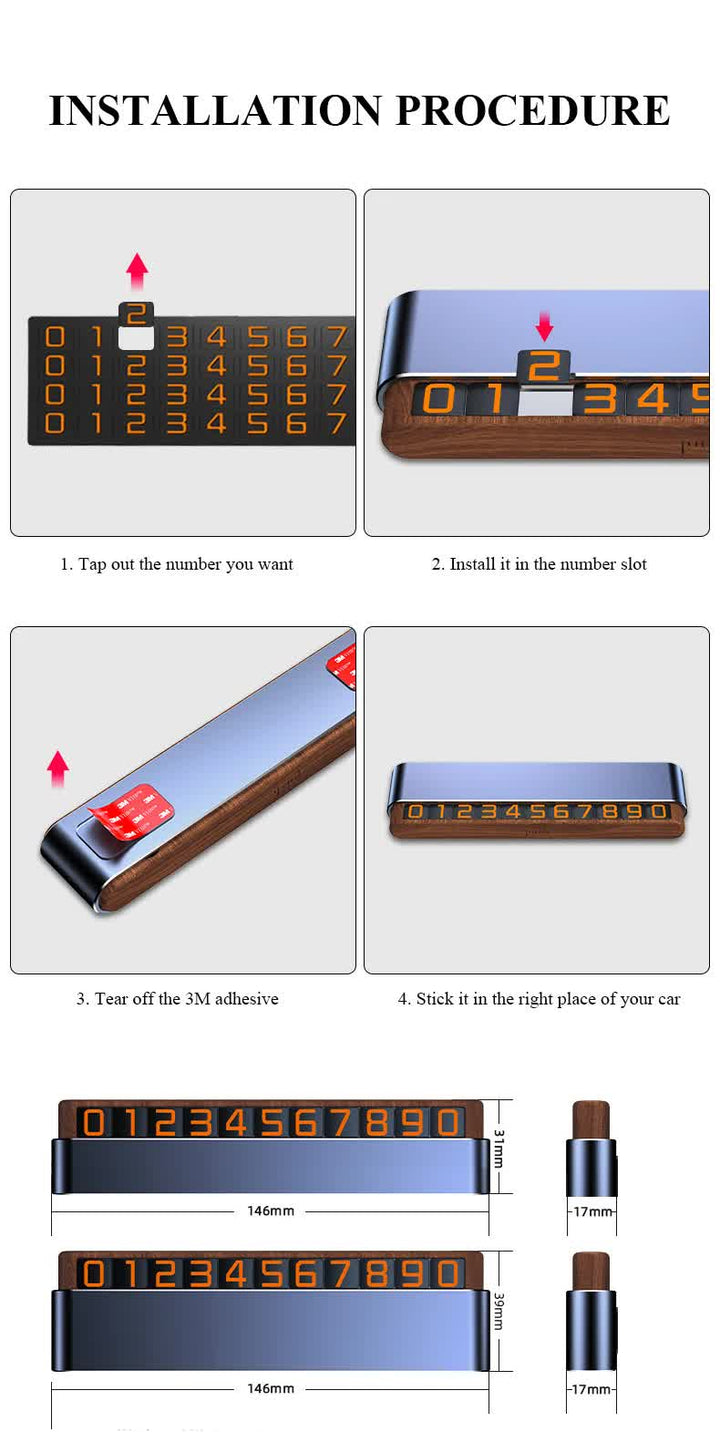 Gray Premium Alloy and Wood Temporary Parking Card - Sliding Design for Privacy, Includes 6 Number Sets