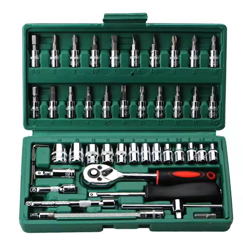 46-Piece Professional Socket Wrench Set - 1/4 Drive, Chrome Vanadium Steel, Ratchet & Bit Kit for Automotive and Household Repairs Green Box