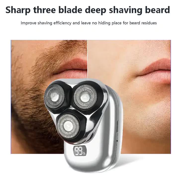 TS-099 Gray Rechargeable Electric Rotary Shaver for Men with LED Display, USB Charging Cable, and Cleaning Brush - Compact & Portable Design