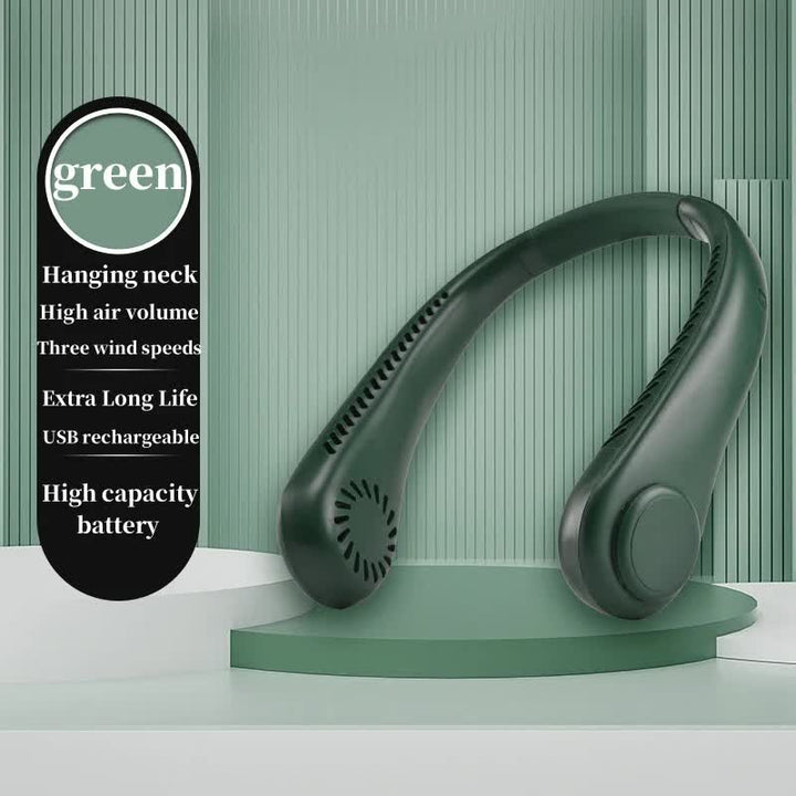 2PCS Green Leafless Hanging Neck Fan - Rechargeable Portable Hands-Free Cooling Fan with 3 Speeds