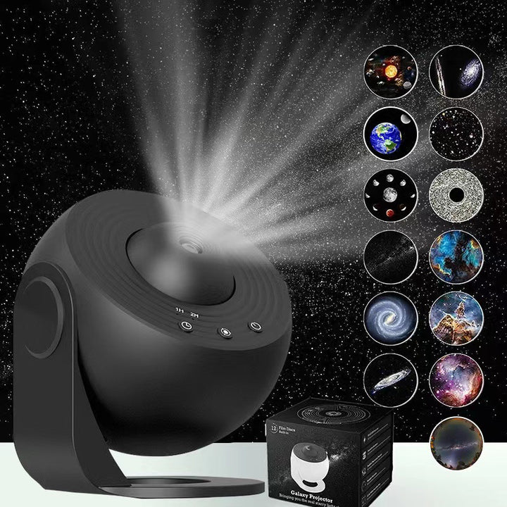 High-Definition Focusable Starry Galaxy Projector Lamp - Creative Bedroom Mood Light with 13 Film Slides (Black)