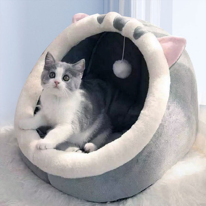 Gray Half-Enclosed Cat Bed - Soft Short Velvet Fabric with Sponge + PP Cotton Filling, M Size (35x35x30cm)