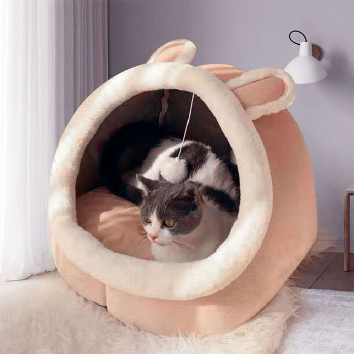 Pink Half-Enclosed Cat Bed - Soft Short Velvet Fabric with Sponge + PP Cotton Filling, M Size (35x35x30cm)