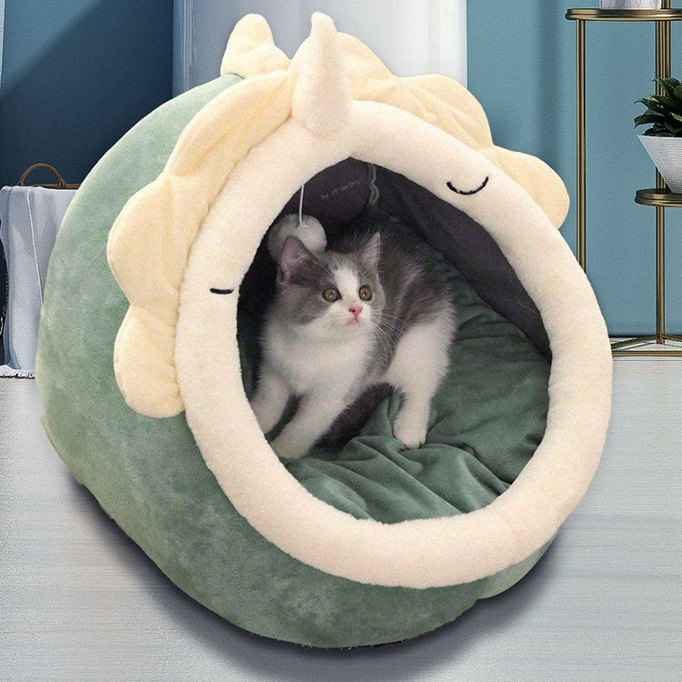 Green Half-Enclosed Cat Bed - Soft Short Velvet Fabric with Sponge + PP Cotton Filling, M Size (35x35x30cm)