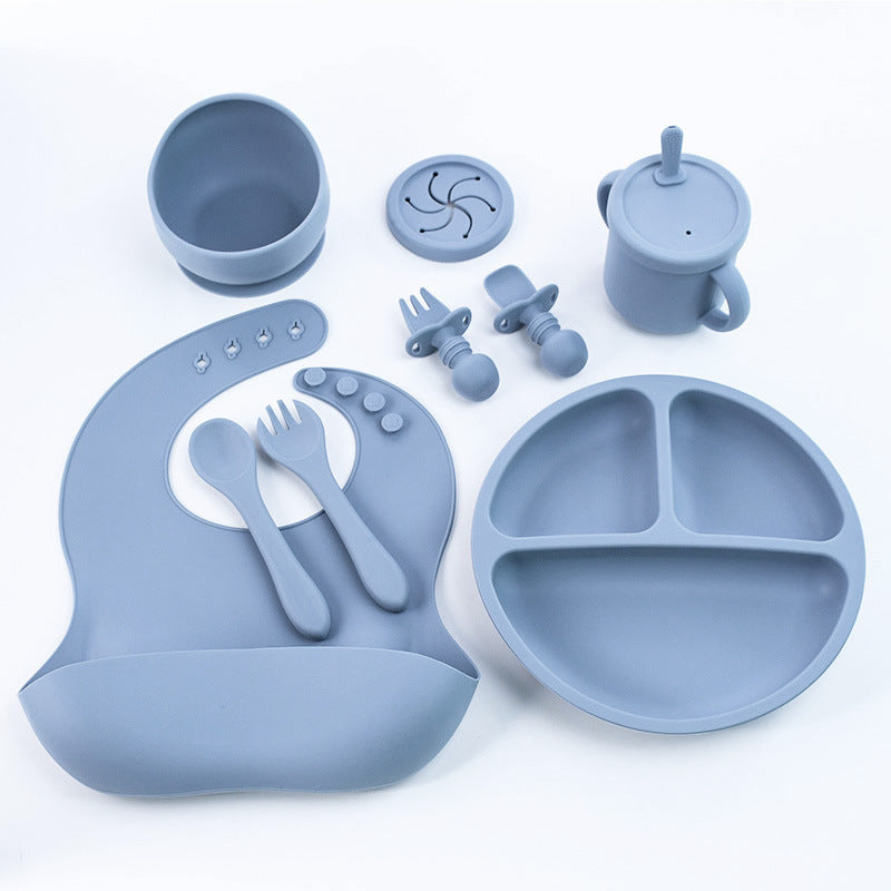 Blue 8-Piece Silicone Children's Tableware Set - BPA-Free Baby Feeding Utensils with Fork, Spoon, Cup, Bowl, and Bibs