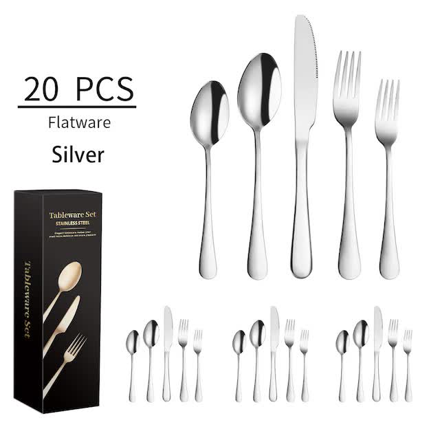 Silver 410 Stainless Steel Cutlery Set - Western Steak Knife, Fork & Spoon Set, 4 Set/20-Piece Dinnerware Set