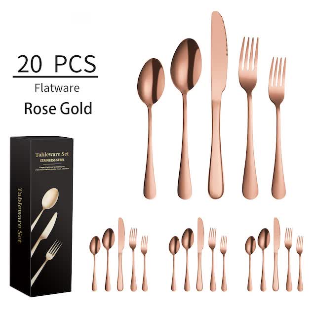 Rose Gold 410 Stainless Steel Cutlery Set - Western Steak Knife, Fork & Spoon Set, 4 Set/20-Piece Dinnerware Set