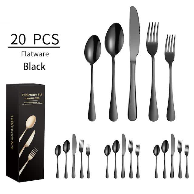 Black 410 Stainless Steel Cutlery Set - Western Steak Knife, Fork & Spoon Set, 4 Set/20-Piece Dinnerware Set