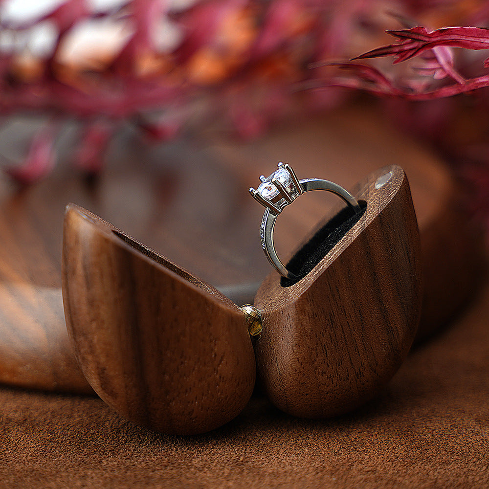 Black Walnut Wood Heart-Shaped Ring Box - Elegant Engagement & Wedding Ring Holder, Jewelry Collector's Box