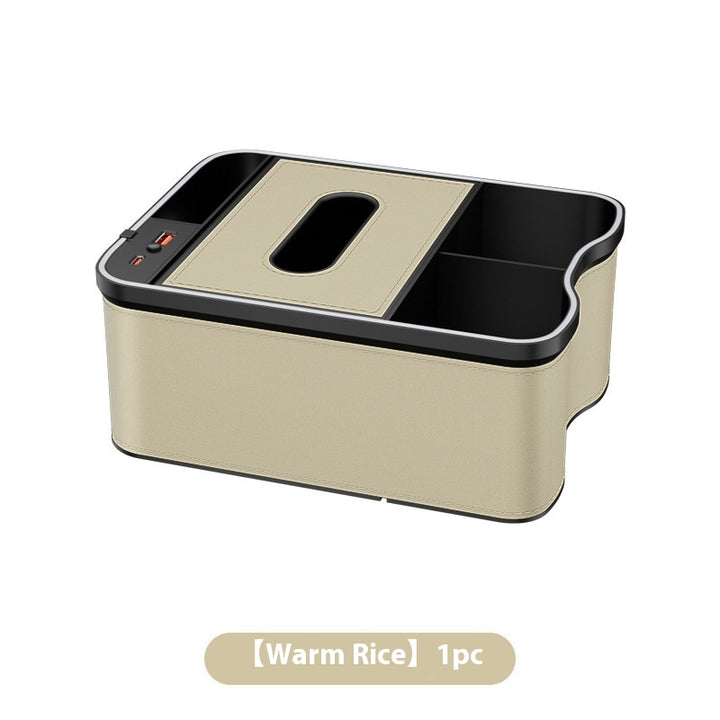 Warm Rice Car Armrest Storage Box with LED Ambient Light - Multifunctional Tissue Holder & Organizer for Car Interior