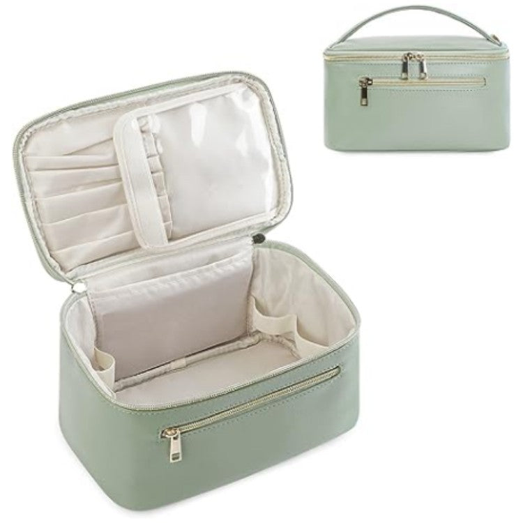 Green PU Leather Large Capacity Makeup Bag - Waterproof & Multifunctional Handbag for Women