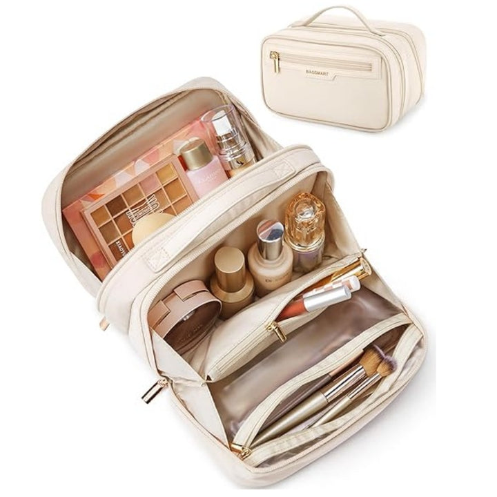 Beige Travel Makeup Organizer - Portable Cosmetic Storage Box for Toiletries and Cosmetics