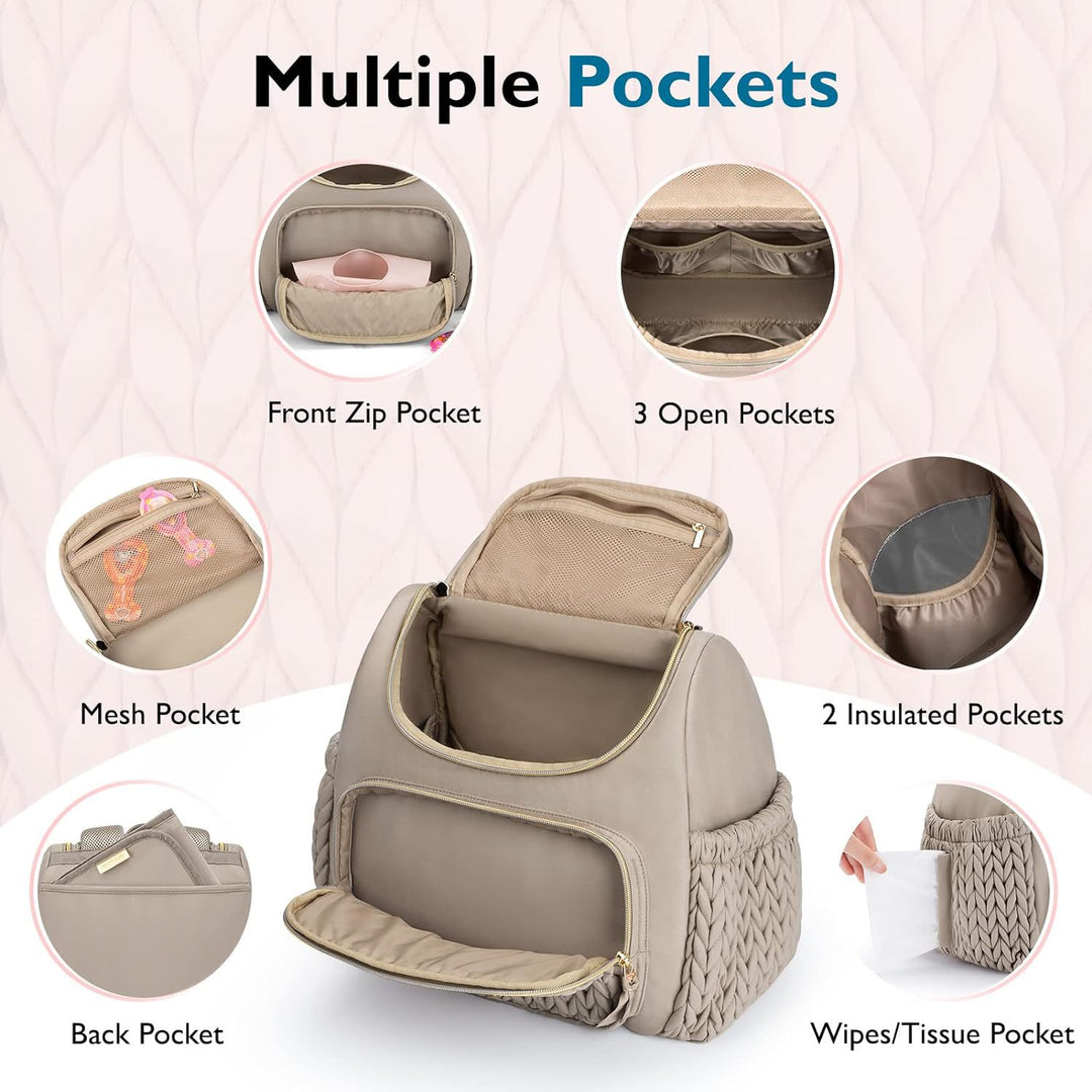 Beige Travel Backpack with Diaper Changing Mat - Small Size, Insulated Pocket,Perfect for Moms on the Go