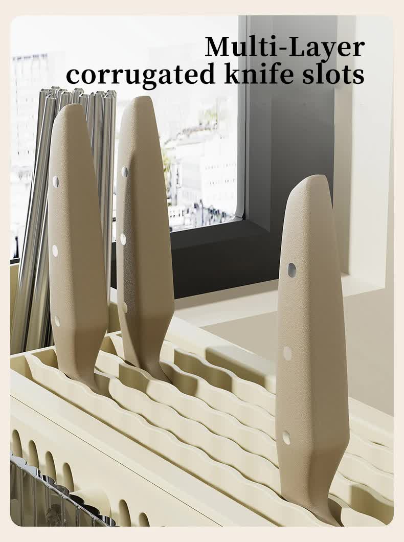 Cream White Multifunctional Kitchen Knife Holder - Integrated Storage Rack for Knives, Chopsticks, and Cutting Boards