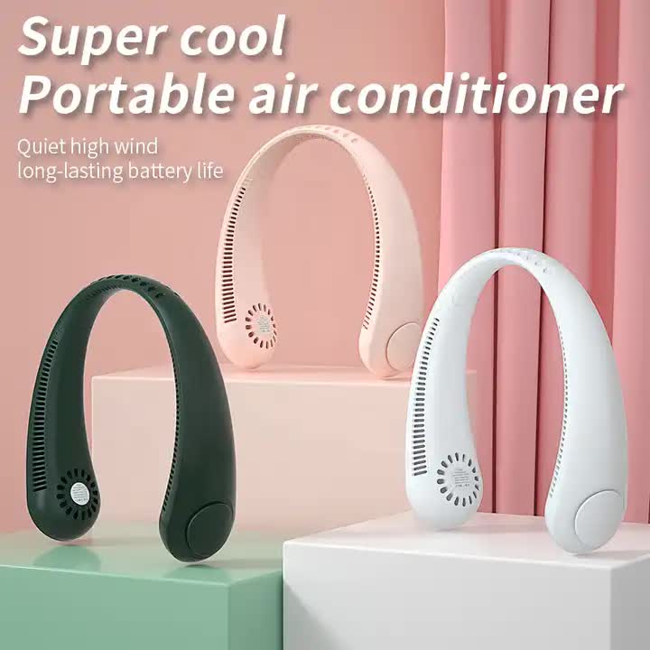 Green Portable Neck Hanging USB Fan - Mini Hands-Free Wearable Fan, USB Rechargeable, No-Blade Design for Cooling