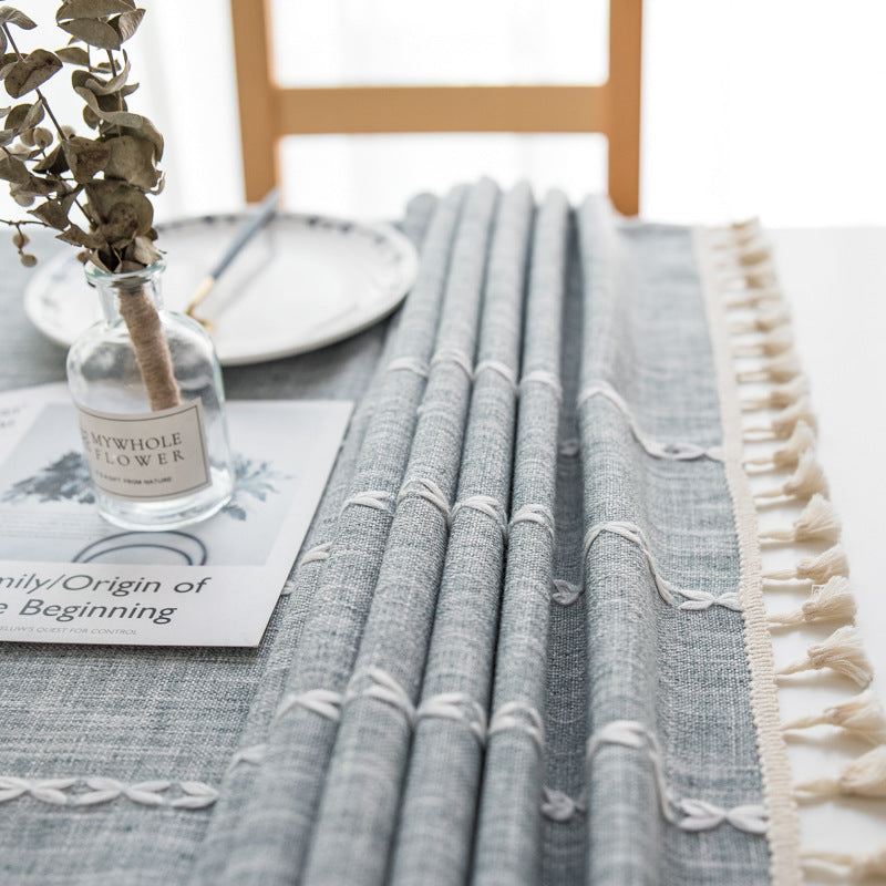 140cm*90cm Grey Striped Cotton Linen Embroidered Tassel Tablecloth - European & American Pastoral Style for Restaurants