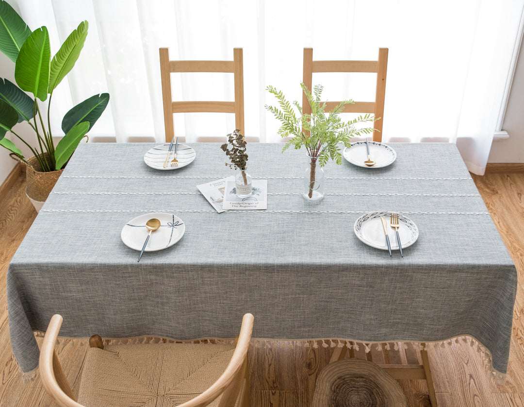 140cm*90cm Grey Striped Cotton Linen Embroidered Tassel Tablecloth - European & American Pastoral Style for Restaurants