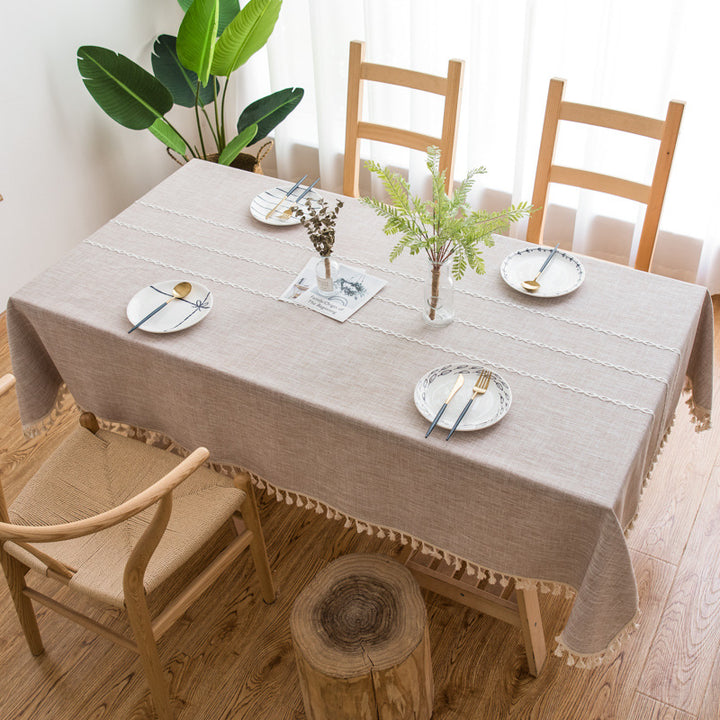 140*90cm Beige Striped Cotton Linen Embroidered Tassel Tablecloth - European & American Pastoral Style for Restaurants