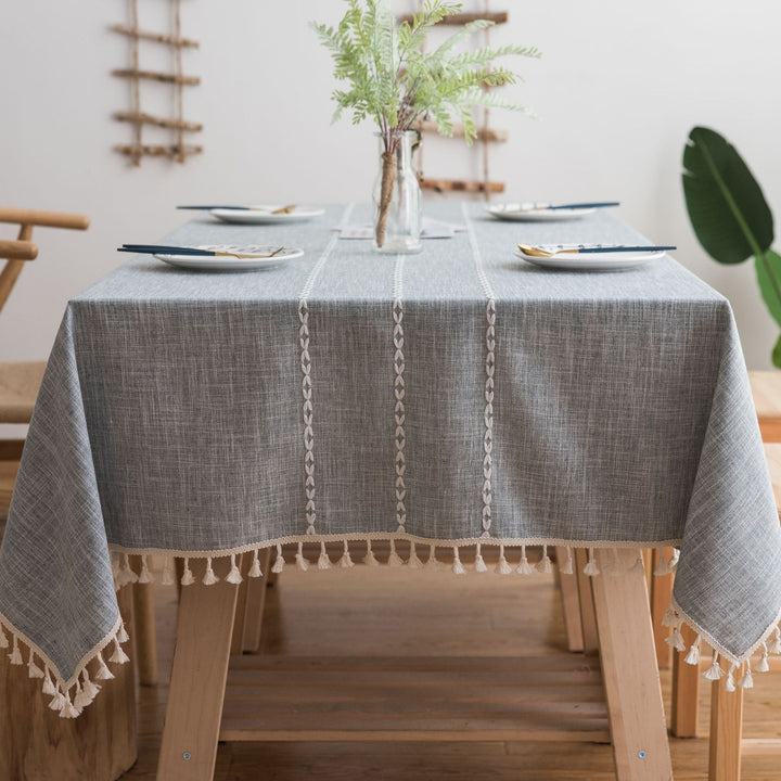 140*90cm Beige Striped Cotton Linen Embroidered Tassel Tablecloth - European & American Pastoral Style for Restaurants