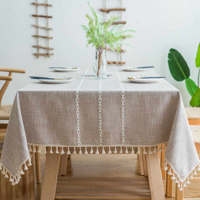 160*100cm Beige Striped Cotton Linen Embroidered Tassel Tablecloth - European & American Pastoral Style for Restaurants