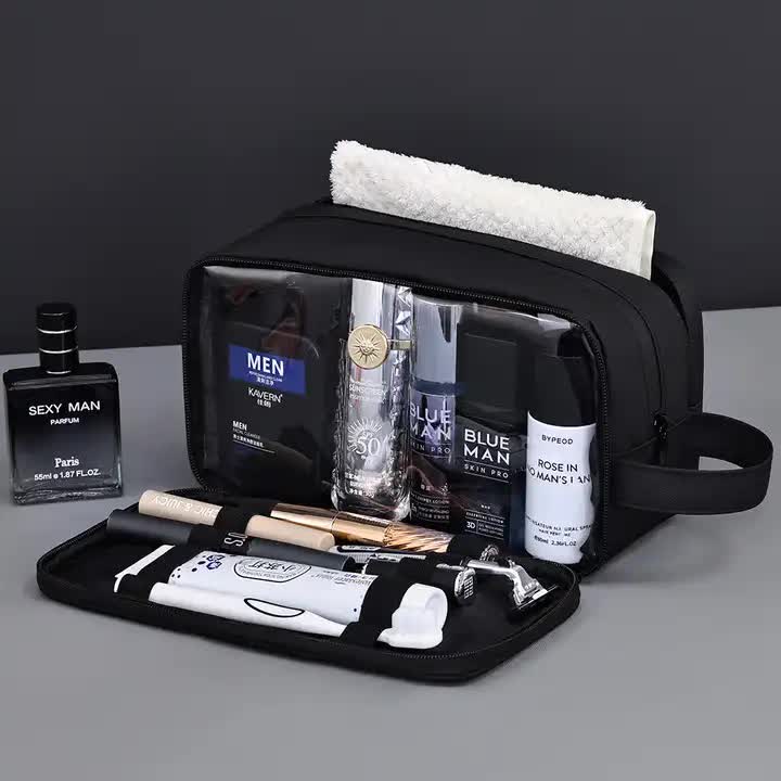 Black Elite Series 3-Layer Large Capacity Men's Toiletry Bag - Portable Travel Cosmetic Organizer with Premium Design