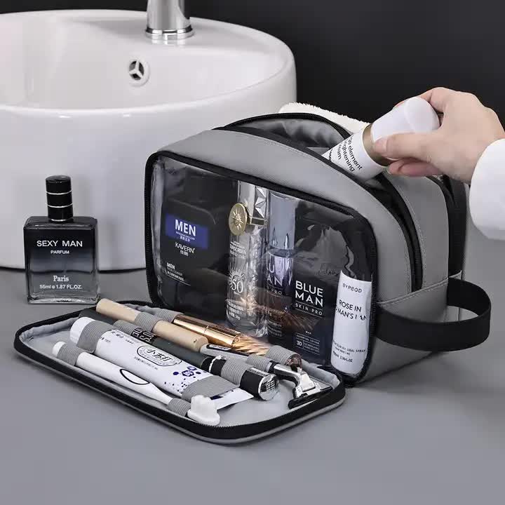 Grey Elite Series 3-Layer Large Capacity Men's Toiletry Bag - Portable Travel Cosmetic Organizer with Premium Design