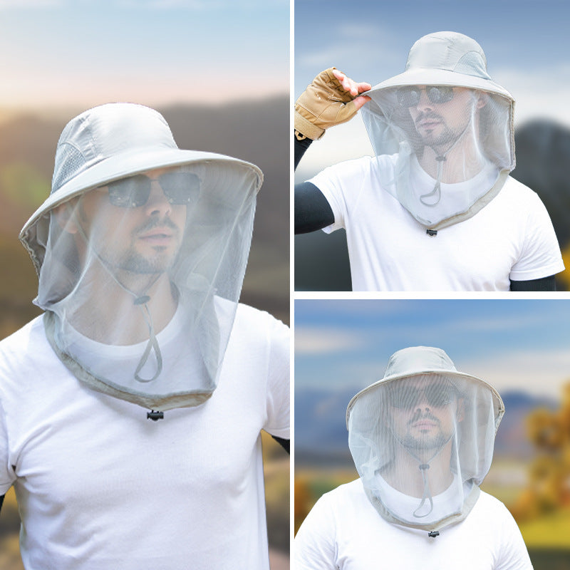 Blue Outdoor Mosquito-Proof Hat with Face Shield - Breathable Fishing Hat for Men, UV Protection Mesh Mask