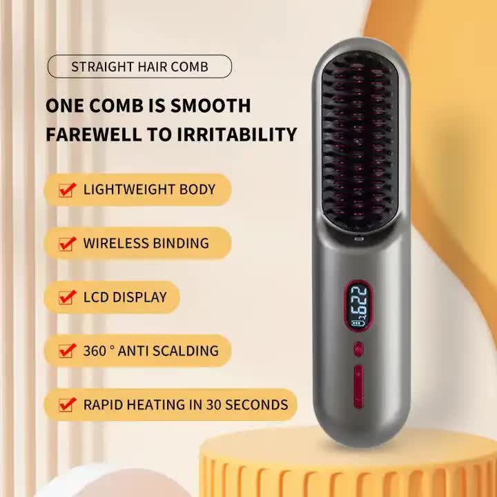 Grey Negative Ion Hair Straightener Brush - Ionic Hair Straightening Comb for Frizz-Free, Smooth Hair