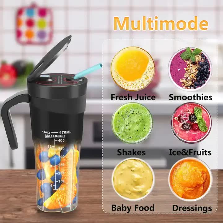 Black Portable Juicer Cup with Straw, USB Rechargeable 6-Blade Blender, Multi-Function Juice Maker for Travel and Outdoor Use