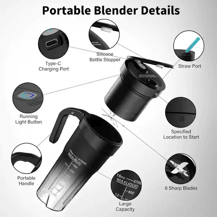 Black Portable Juicer Cup with Straw, USB Rechargeable 6-Blade Blender, Multi-Function Juice Maker for Travel and Outdoor Use