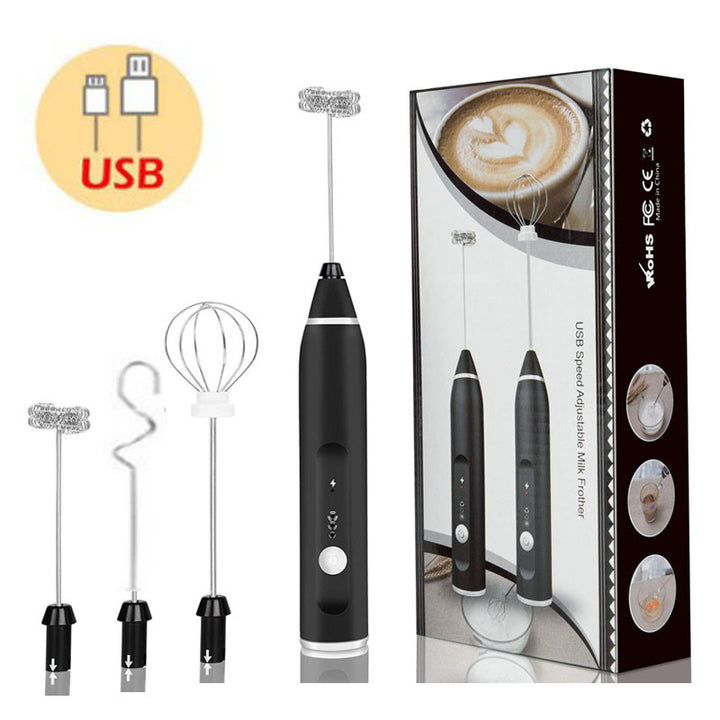 Black 304 Stainless Steel 3-Speed Handheld Electric Milk Frother, Egg Beater, Paint Mixer, and Milk Powder Blender