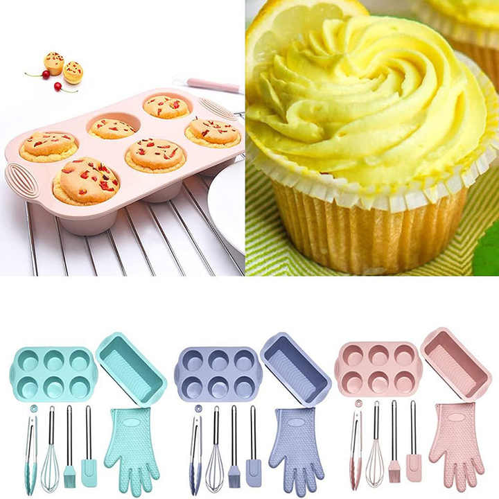 Grey 7-Piece Silicone Bakeware Set with Whisk, Spatula, Brush, Gloves, and Cake Molds for Home Baking