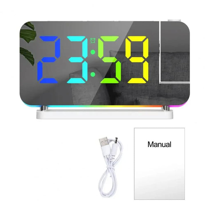 White RGB LED Projection Alarm Clock, Multi-Color Night Light with Snooze Function, Home Decor Digital Clock