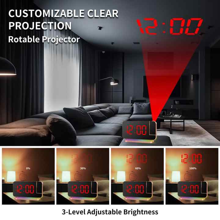 White RGB LED Projection Alarm Clock, Multi-Color Night Light with Snooze Function, Home Decor Digital Clock