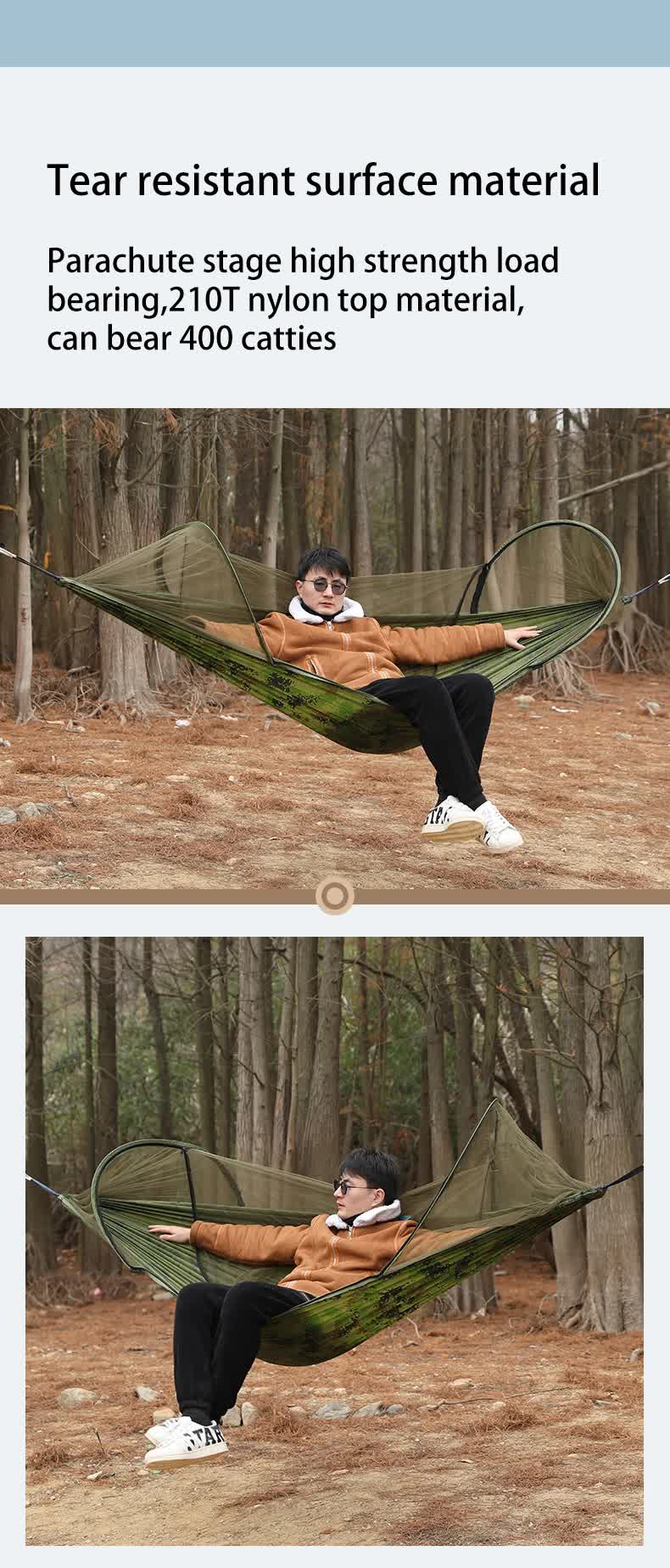 Military Green Outdoor Camping Hammock with Mosquito Net, Anti-Tip Nylon Fabric, Single/Double Person Quick-Setup Hammock