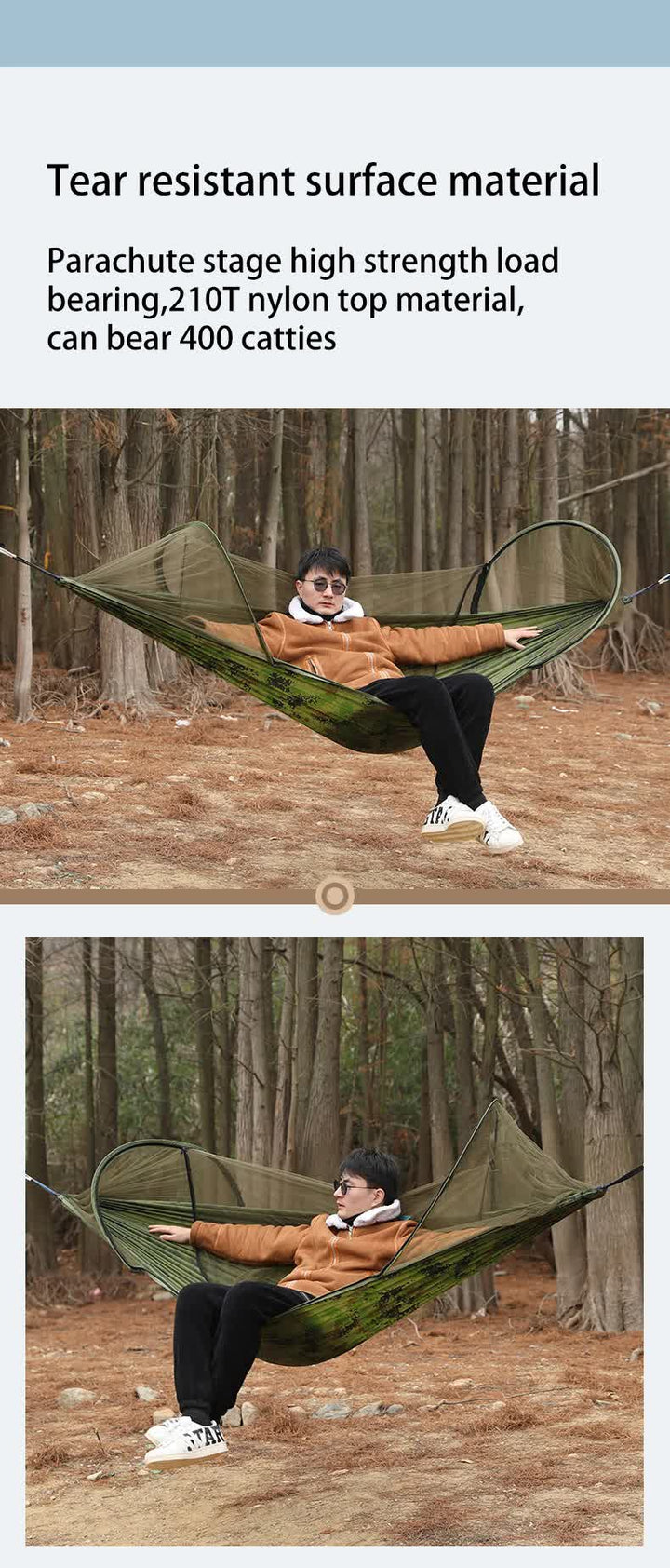 Military Green Outdoor Camping Hammock with Mosquito Net, Anti-Tip Nylon Fabric, Single/Double Person Quick-Setup Hammock