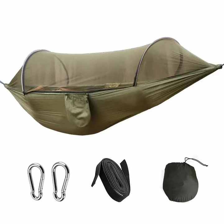 Green Outdoor Camping Hammock with Mosquito Net, Anti-Tip Nylon Fabric, Single/Double Person Quick-Setup Hammock