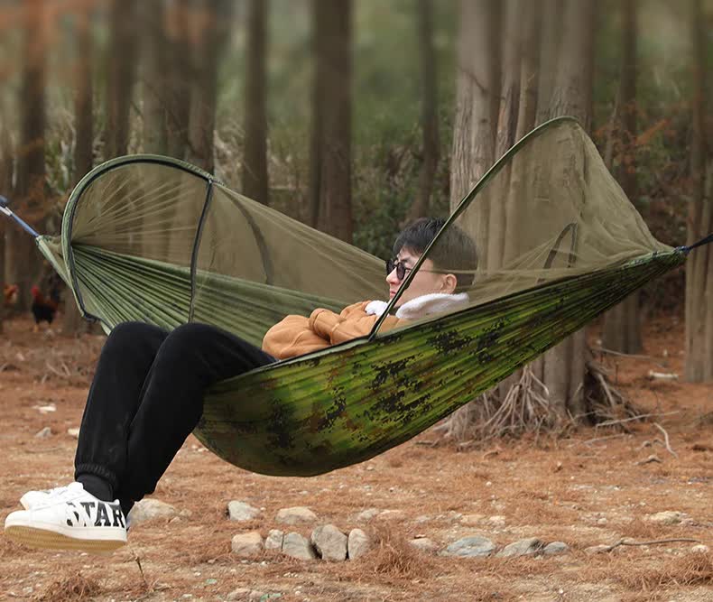 Red Outdoor Camping Hammock with Mosquito Net, Anti-Tip Nylon Fabric, Single/Double Person Quick-Setup Hammock