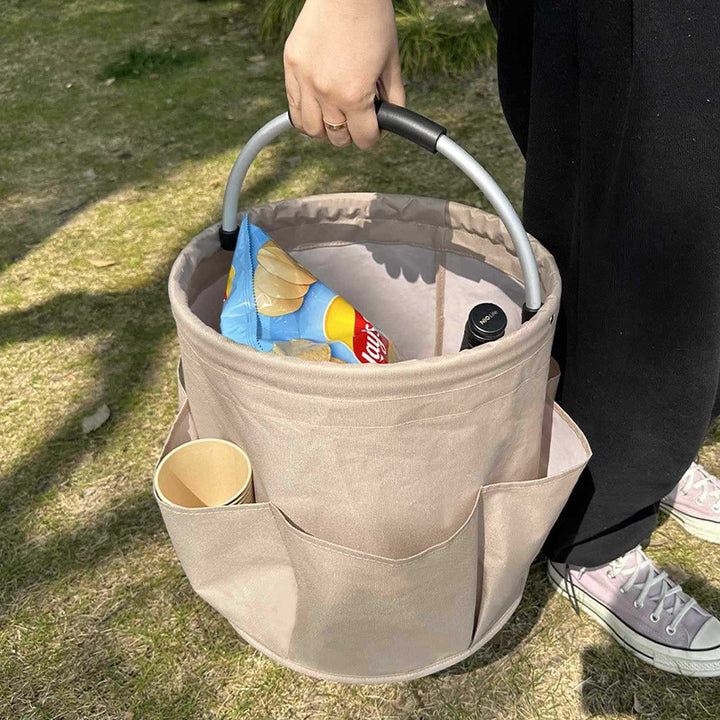 Dark Grey Portable Picnic Basket, Foldable Outdoor Beach Basket with Handle, Multi-Use Storage and Wash Bag