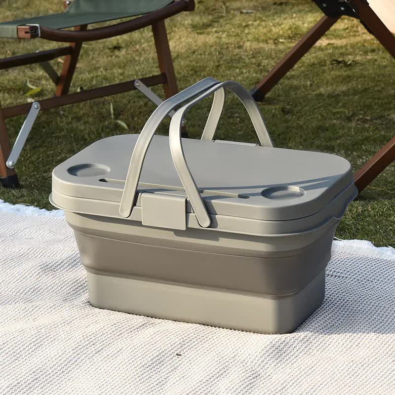 Grey Foldable Outdoor Picnic Basket with Lid and Tabletop, Camping Storage Box, Car-Friendly Organizer