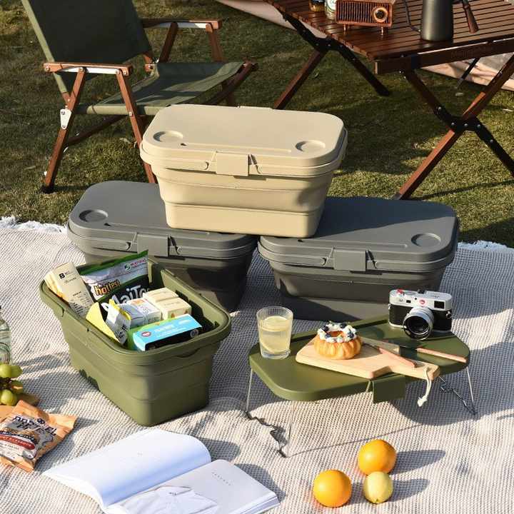 Grey Foldable Outdoor Picnic Basket with Lid and Tabletop, Camping Storage Box, Car-Friendly Organizer