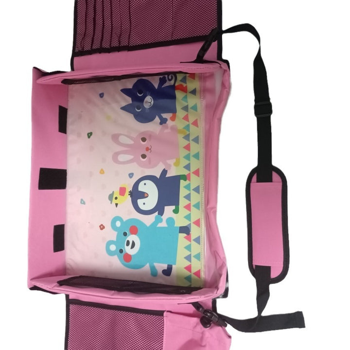 Pink Kids Travel Tray with Storage, Car Seat Organizer for Toys and Snacks