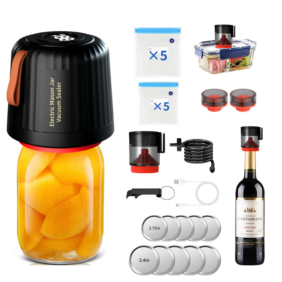 Electric Mason Jar Vacuum Sealer Kit - Automatic Food Preservation System with Wine Stopper & Bags