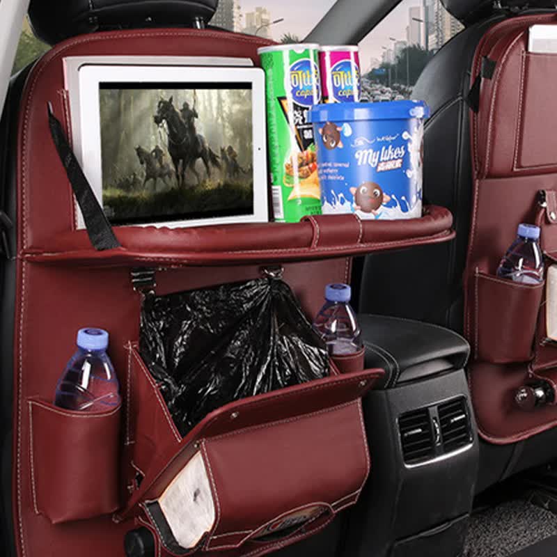 Rose Madder Leather Car Backseat Organizer with Foldable Tray Table & Trash Bag - Multi-functional Car Storage Solution