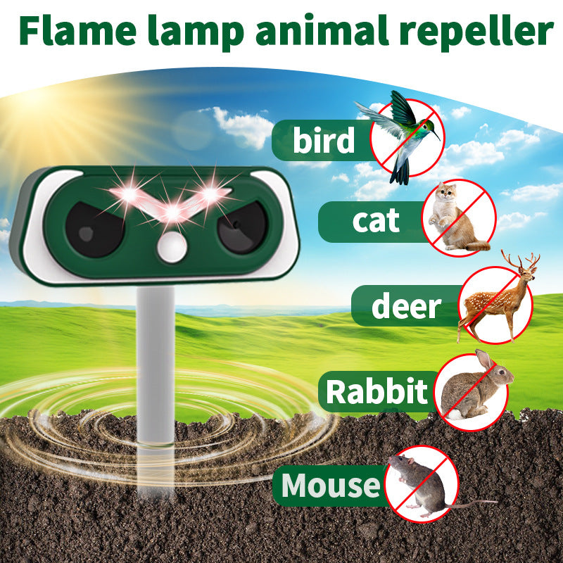 Solar Powered Flame Lamp Animal Repeller - Ultrasonic Bird, Cat, Deer, Rabbit & Rodent Deterrent